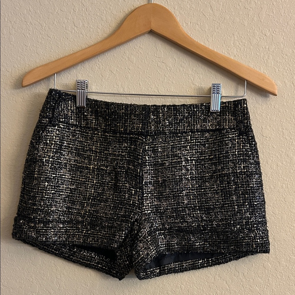 Express Metallic Wave Tweed Mini Shorts in Black and Gold
Size 00